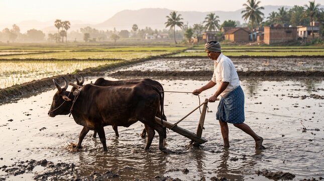 Farmer ploughing paddy field, Muddy rice field preparation, Traditional manual agriculture, Rural Indian farming process