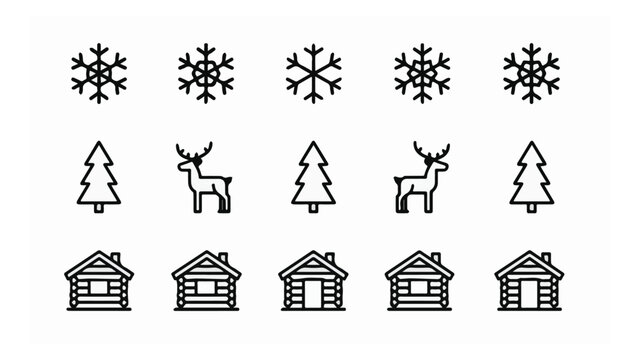 Cute winter holiday icons including snowflakes reindeer trees and cabins in black and white for seasonal design projects