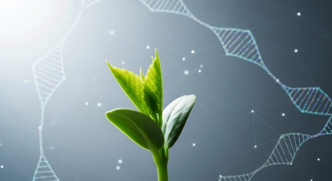Green plant seedling on abstract DNA background