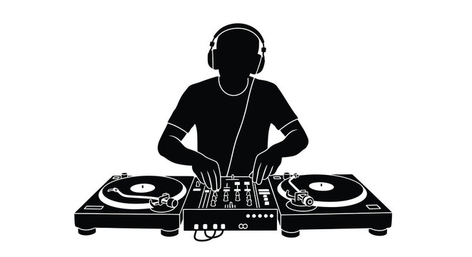 A dj with turntables and headphones depicted as a black silhouette against a white background discjockey mixer turntable recordplayer music