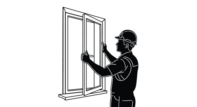 Construction worker examining window frame with hand black and white silhouette builder laborer craftsman tradesman engineer architect inspector foreman supervisor