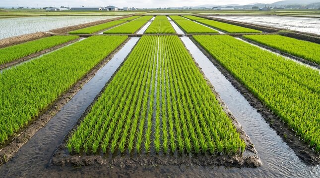 Paddy seedling nursery, Dense young rice plants, Wet nursery plot pattern, Fresh green crop growth
