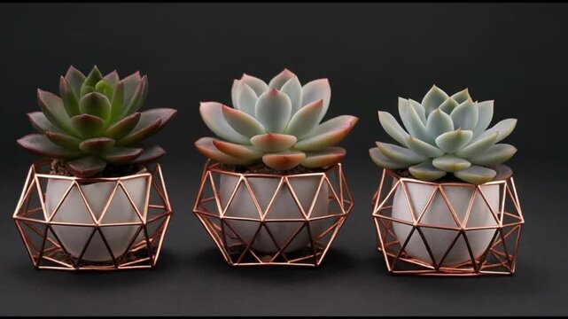 Three Succulents in Geometric Rose Gold Planters on Dark Background - Home Decor Idea