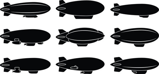 Airship Blimp Silhouette Collection with Zeppelin Aviation Balloon Transport Vector Icon Set © mdAl