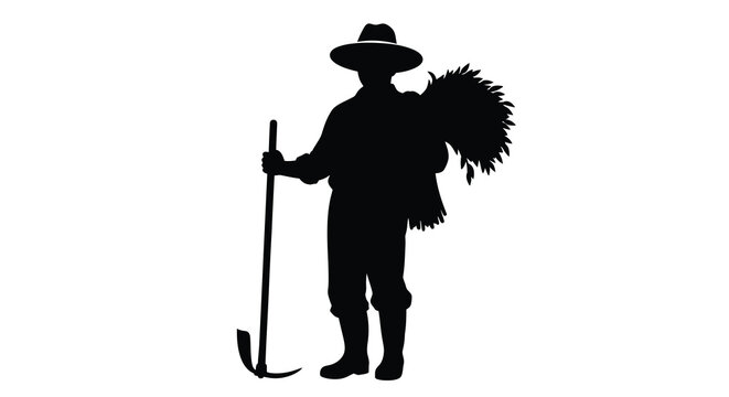 Farmer with scythe and bundle of wheat black silhouette against a white background silhouette agricultural agrarian peasant husbandman sickle reaping
