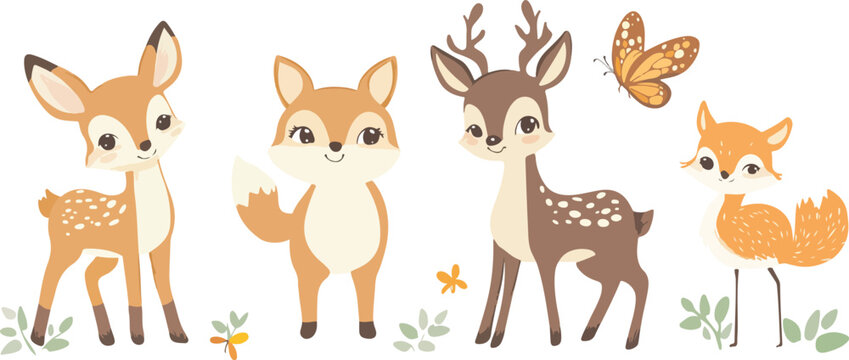 Cute Cartoon Deer in Forest Vector Illustration, Wild Animal Character with Brown Fur, Nature Theme and Playful Reindeer Style Design for Christmas and Kids Artwork