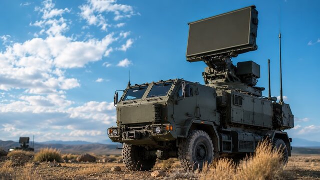 Military radar vehicle stationed in a desert landscape showcasing advanced technology and tactical capabilities against a backdrop of blue skies and wispy clouds ready for deployment.