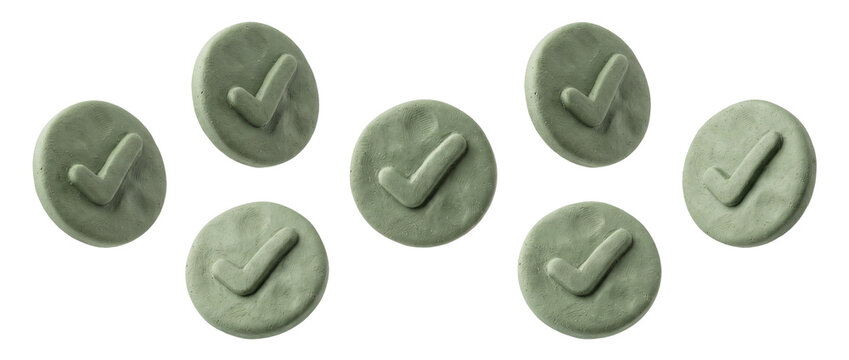 Green clay checkmark icon buttons with textured surface floating in scattered pattern on black background for checklist goals representing approval success verification completed tasks and positive vo