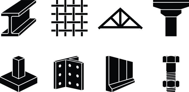 Structural Engineering and Construction Material Icon Set Featuring Steel, Concrete, and Fasteners