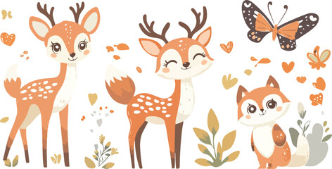 Fototapeta premium Seamless Woodland Pattern with Cute Deer and Fox Cartoon Animals in Winter Forest Vector Illustration with Reindeer Stag Antlers and Nature Wildlife Design for Christmas Fabric and Wrapping Paper