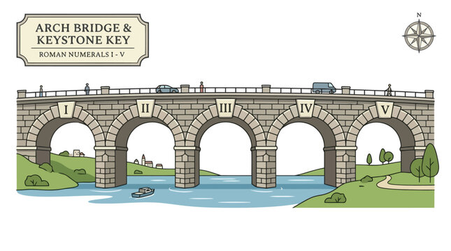 Roman arch bridge with keystone and numbered stone blocks for history lesson vector illustration