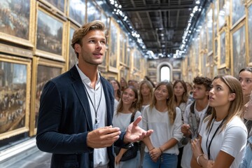 Obraz premium Group learns about art during guided tour at a historic gallery in the afternoon
