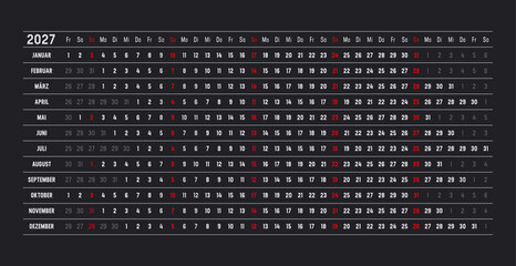 2027 German calendar, linear and horizontal timeline planner on dark background, one page vector template, Germany © mozZz