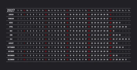 2027 German calendar, linear and horizontal timeline planner on dark background, one page vector template, Germany © mozZz