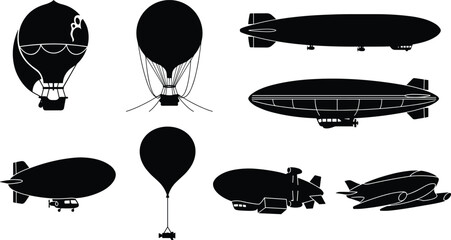 Vintage Airship and Hot Air Balloon Silhouette Icon Set for Aviation and Travel Design © mdAl