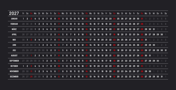 2027 German calendar, linear and horizontal timeline planner on dark background, one page vector template, Germany