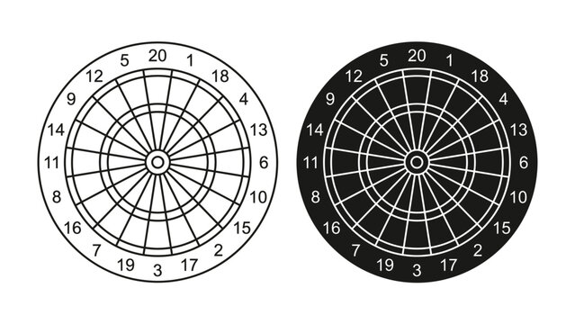 Dartboards, Black and White: Two complete dartboards, one in outline and one filled black, showcasing the numbers and segments for gameplay.