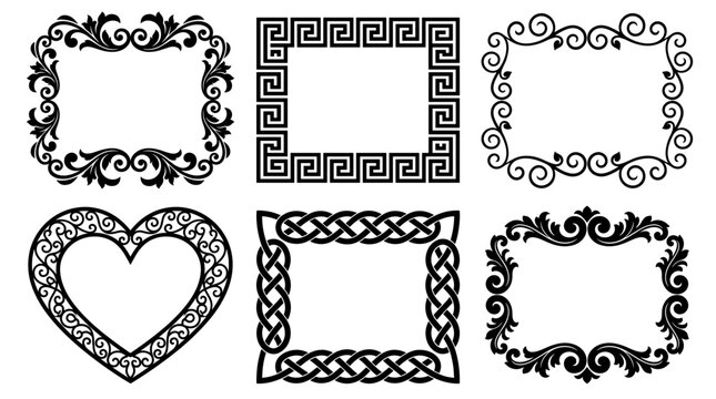 Black decorative frames and heart ornament for design vintage ornate elegant style.