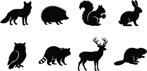 Obraz premium Forest Animal Silhouette Set with Fox Deer Owl Rabbit and Woodland Wildlife Vectors