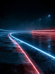 Obraz premium Illuminated 3D Race Track with Glowing Finish Line in Dark Atmosphere Capturing Dynamic Energy of Competition