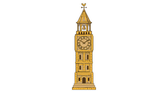 Tower clock with a weather vane on top featuring a vintage architectural design illustration