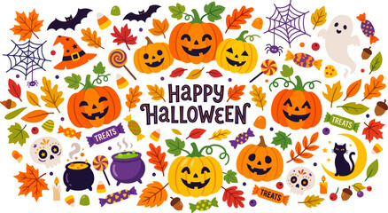 Fototapeta premium Happy halloween colorful pumpkins and spooky icons