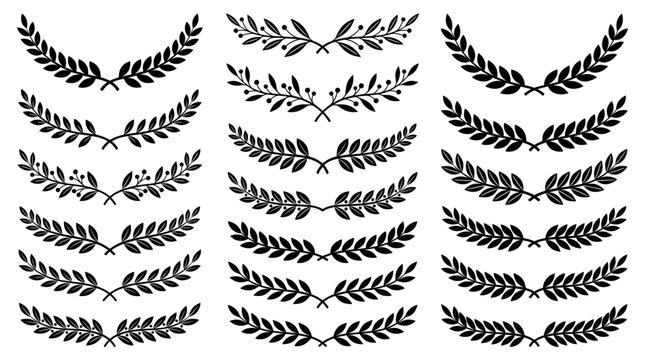 Set of black laurel leaf wreaths and branch dividers for wedding invitation card designs.