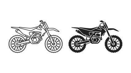 Motocross Bike Silhouette: A comparison of a motocross motorcycle, presented as both an outline and a solid silhouette, showcasing its aggressive design and off-road capabilities. © hammad