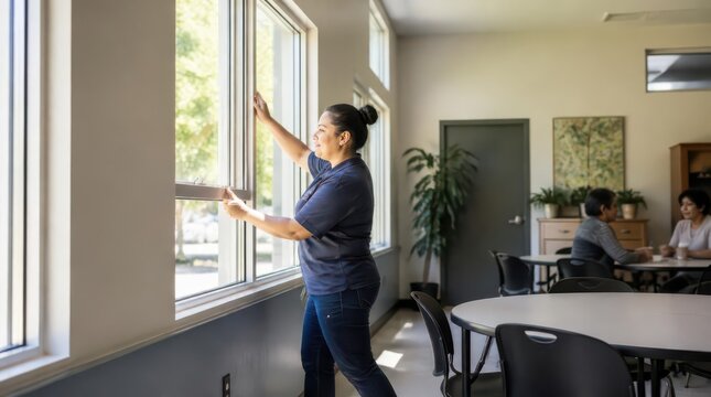 Latina facilities worker opening window for fresh air