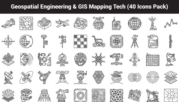 Precision Geospatial Engineering and GIS Mapping Icon Set. Clean Geometric Vector Line Graphics for Satellite Surveying, Photogrammetry Drones, and Spatial Data Analysis.