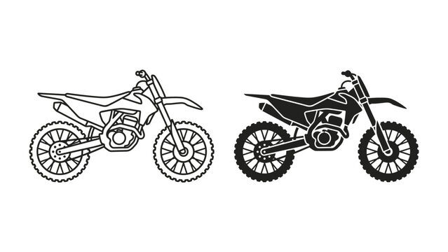 Motocross Bike Silhouette: A comparison of a motocross motorcycle, presented as both an outline and a solid silhouette, showcasing its aggressive design and off-road capabilities.
