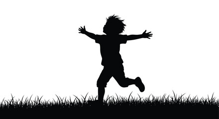 A joyful child running with arms outstretched against a grassy field black silhouette kid youth boy girl jogging playful active © Laily begum