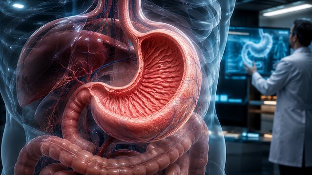 Healthy Human Stomach with Normal Gastric Anatomy, Intact Gastric Mucosa and Functional Digestive System, Medical Illustration
