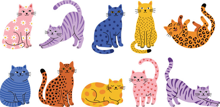 Cute cartoon cat vector collection featuring ten colorful kittens with unique coat patterns including stripes polka dots hearts flowers and leopard spots