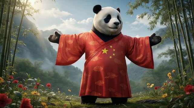 Panda wearing traditional Chinese style robe with stars in bamboo forest. National holiday celebration with cute animal symbol. Cultural heritage fashion concept.