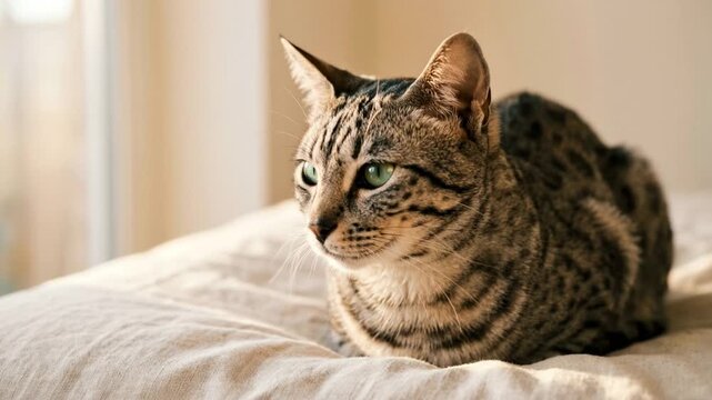 regal egyptian mau cat basking in soft morning light close-up video