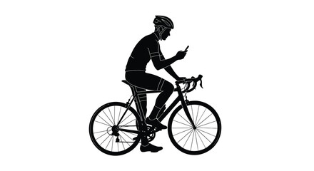 Fototapeta premium Cyclist riding a road bike while using a smartphone depicted as a black silhouette bicycle biking rider pedaling cycling roadbike