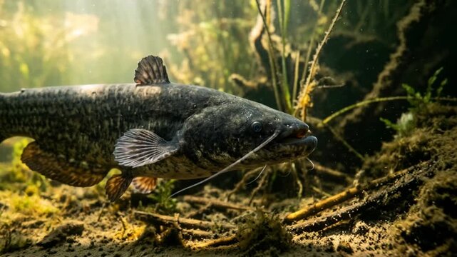 catfish underwater close up at morning light in amazon river brazil