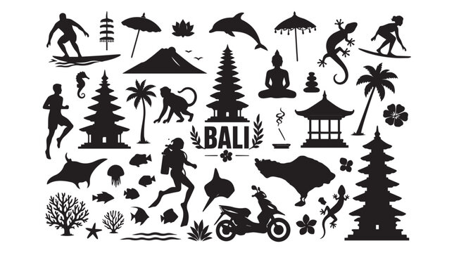 Bali Travel and Culture Icons Set in Silhouette