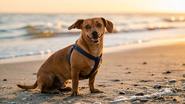 chiweenie dog walking on santa monica beach california golden light close up video