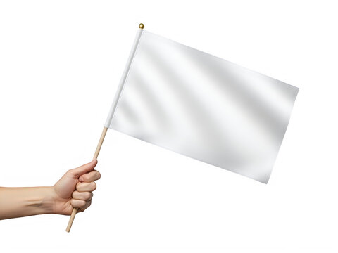 A hand holding a blank white waving flag on a wooden stick
