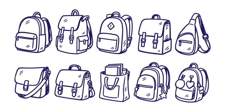 backpack collection and school bag rucksack satchel messenger tote travel luggage doodle icon set vector illustration