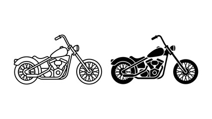 Classic Chopper Motorcycle Icons: Two stylized vector icons of a classic chopper motorcycle, one in outline and the other in solid black, representing freedom and adventure on the open road. © Hasnani