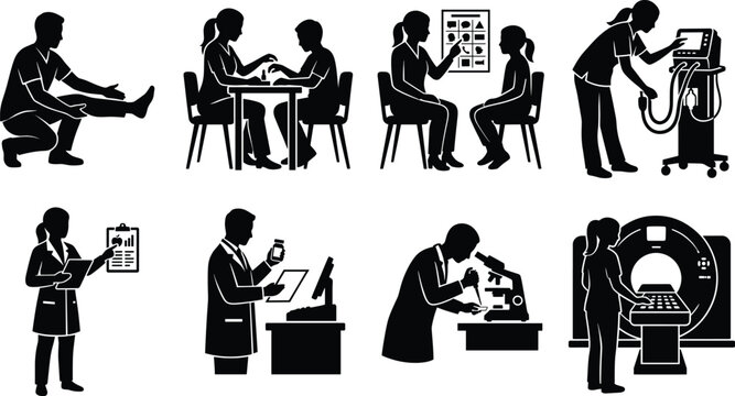 Medical staff specialists and diagnostics silhouette icon set featuring laboratory healthcare procedures and therapy