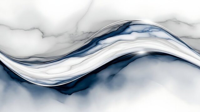 Abstract Blue and White Marble Swirls with Silver Lines