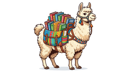 Obraz premium Cute cartoon llama carrying a heavy backpack filled with educational school textbooks