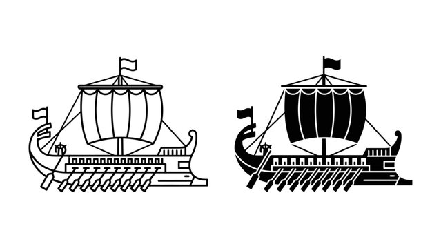 Ancient Trireme Ships: Two depictions of a classical ancient Greek trireme warship, one in outline and the other in silhouette, showcasing its oars and sails.