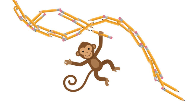 Clever cartoon monkey swinging from a chain made of yellow pencils on white background