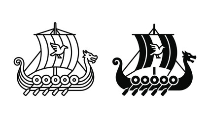 Viking Ship Iconography: Two stylized illustrations of a Viking longship, one in black and white outline and the other in solid black. © maliha
