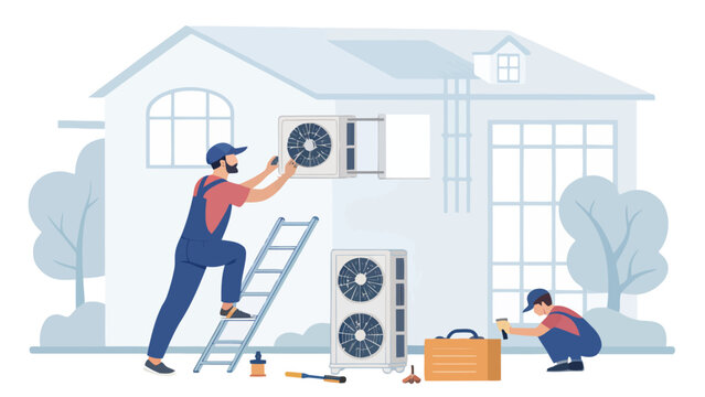 Hvac technicians installing or repairing residential outdoor air conditioning unit with technician conditioning installation maintenance professional contractor building equipment mechanical